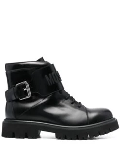 Homme Moschino Bottes Lacées à Logo Embossé